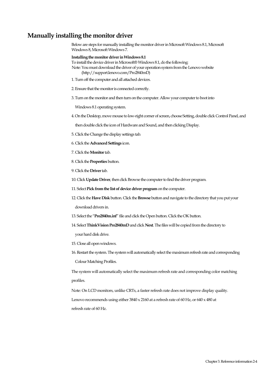 Manually installing the monitor driver | Lenovo ThinkVision Pro2840m Wide Flat Panel Monitor User Manual | Page 24 / 35