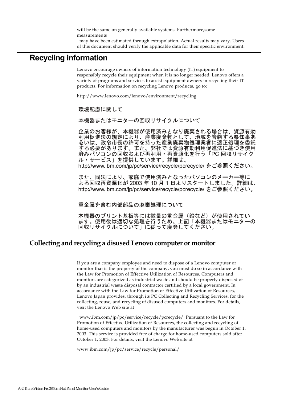 Recycling information | Lenovo ThinkVision Pro2840m Wide Flat Panel Monitor User Manual | Page 33 / 35