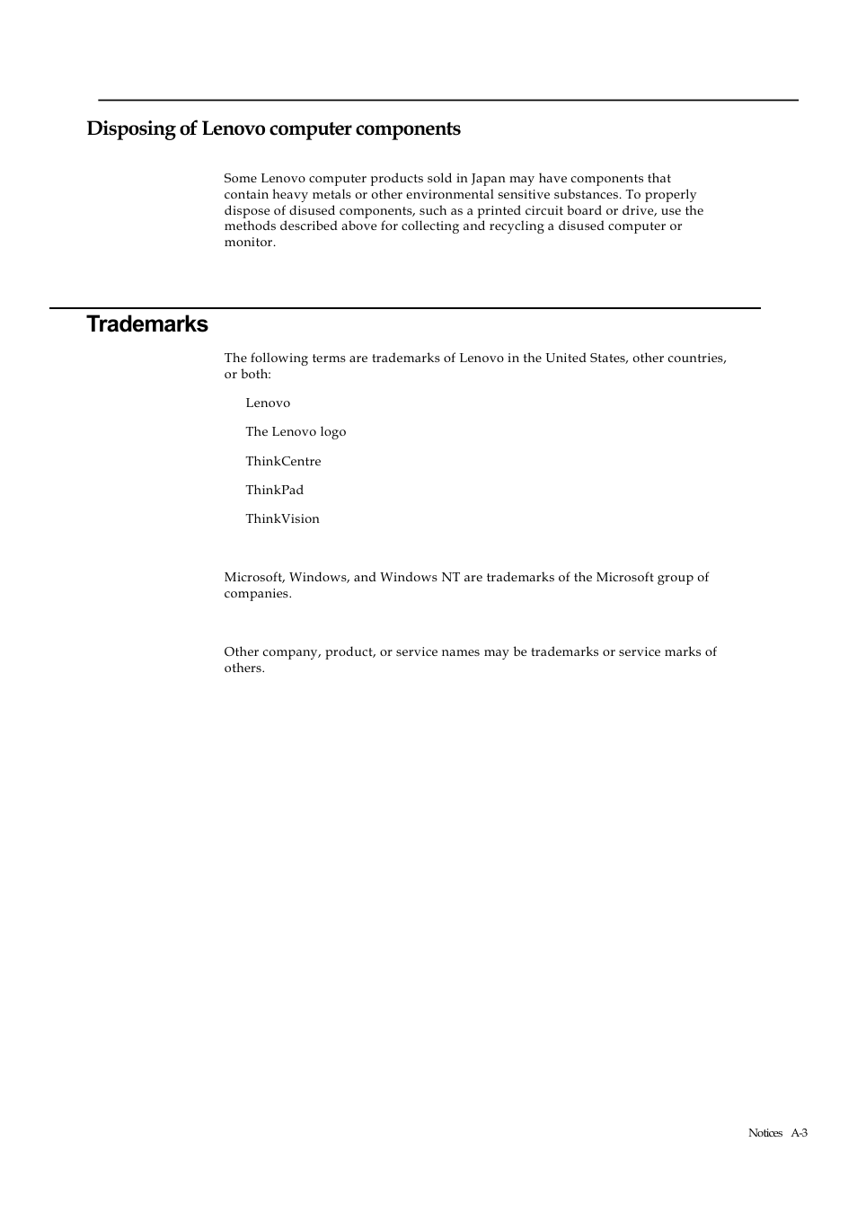 Disposing of lenovo computer components, Trademarks | Lenovo ThinkVision Pro2840m Wide Flat Panel Monitor User Manual | Page 34 / 35