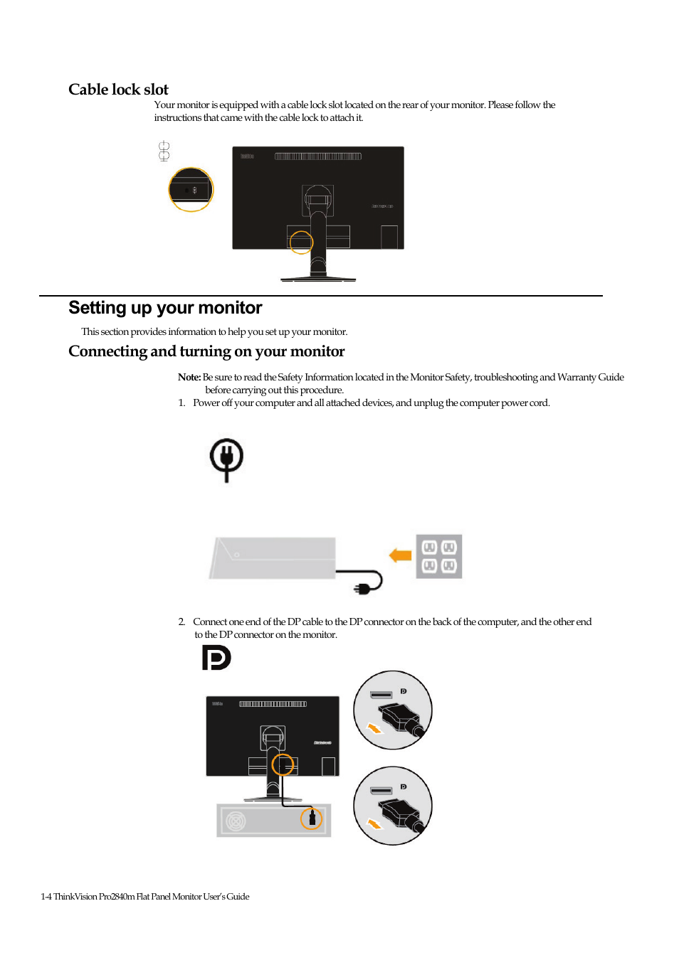 Cable lock slot, Setting up your monitor, Connecting and turning on your monitor | Lenovo ThinkVision Pro2840m Wide Flat Panel Monitor User Manual | Page 9 / 35