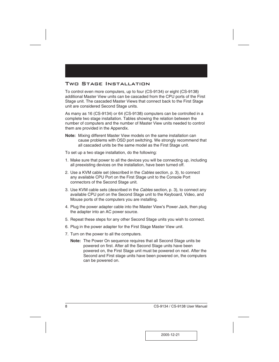 Two stage installation 8, Two stage installation | ATEN CS-9134 User Manual | Page 12 / 34