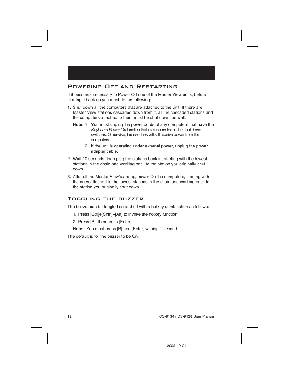 Powering off and restarting 12, Toggling the buzzer 12, Powering off and restarting | Toggling the buzzer | ATEN CS-9134 User Manual | Page 16 / 34