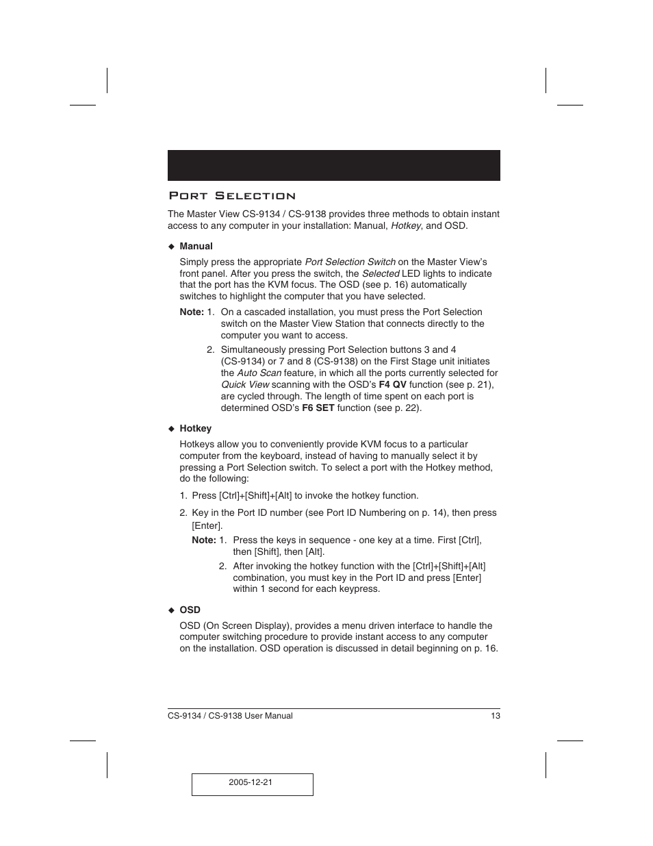 Port selection 13, Port selection | ATEN CS-9134 User Manual | Page 17 / 34