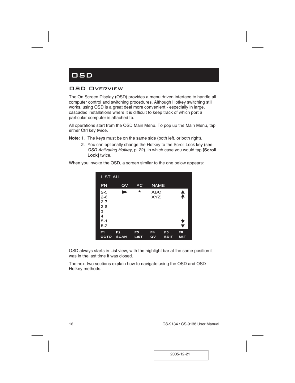 Osd 16, Osd overview 16, Osd overview | ATEN CS-9134 User Manual | Page 20 / 34