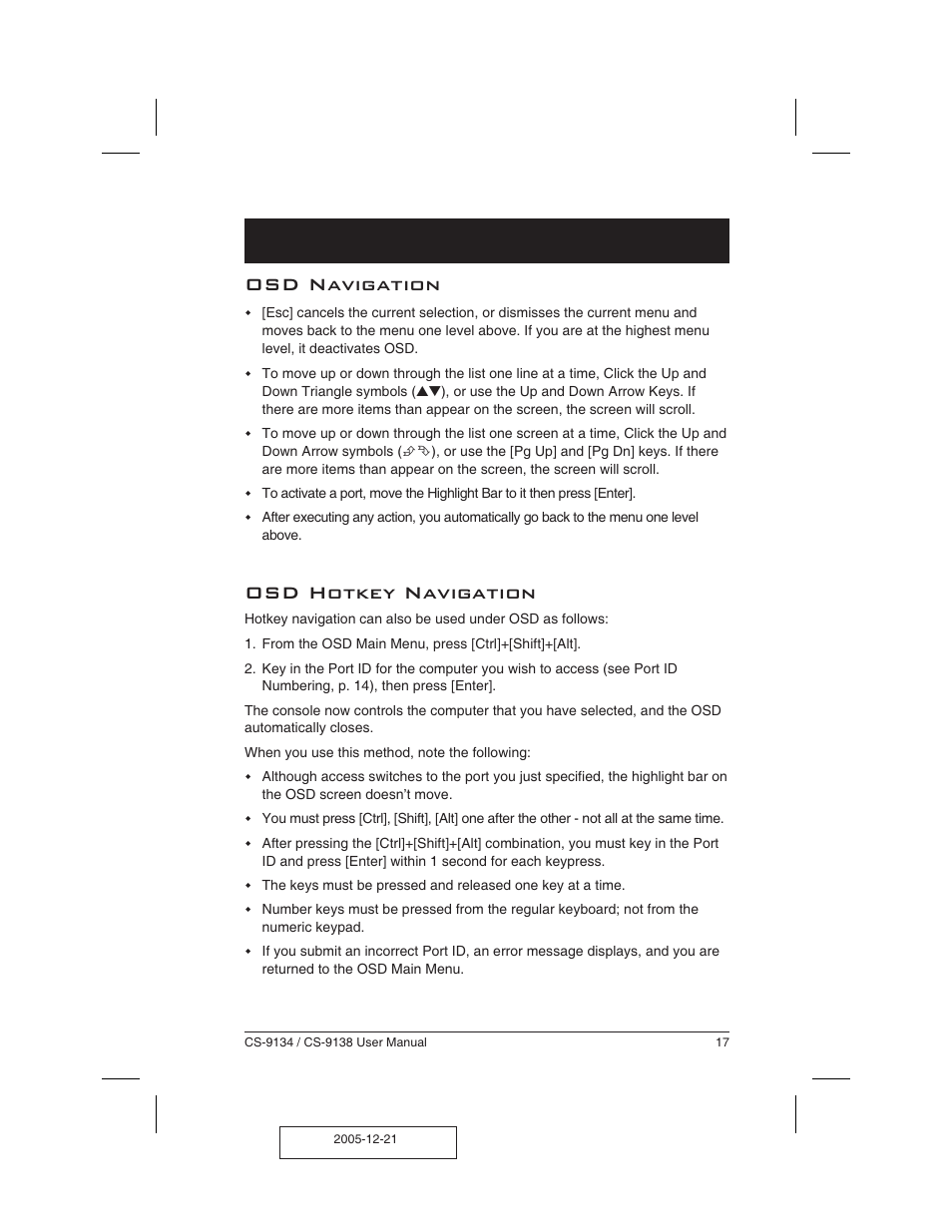 Osd navigation 17, Osd hotkey navigation 17, Osd navigation | Osd hotkey navigation | ATEN CS-9134 User Manual | Page 21 / 34