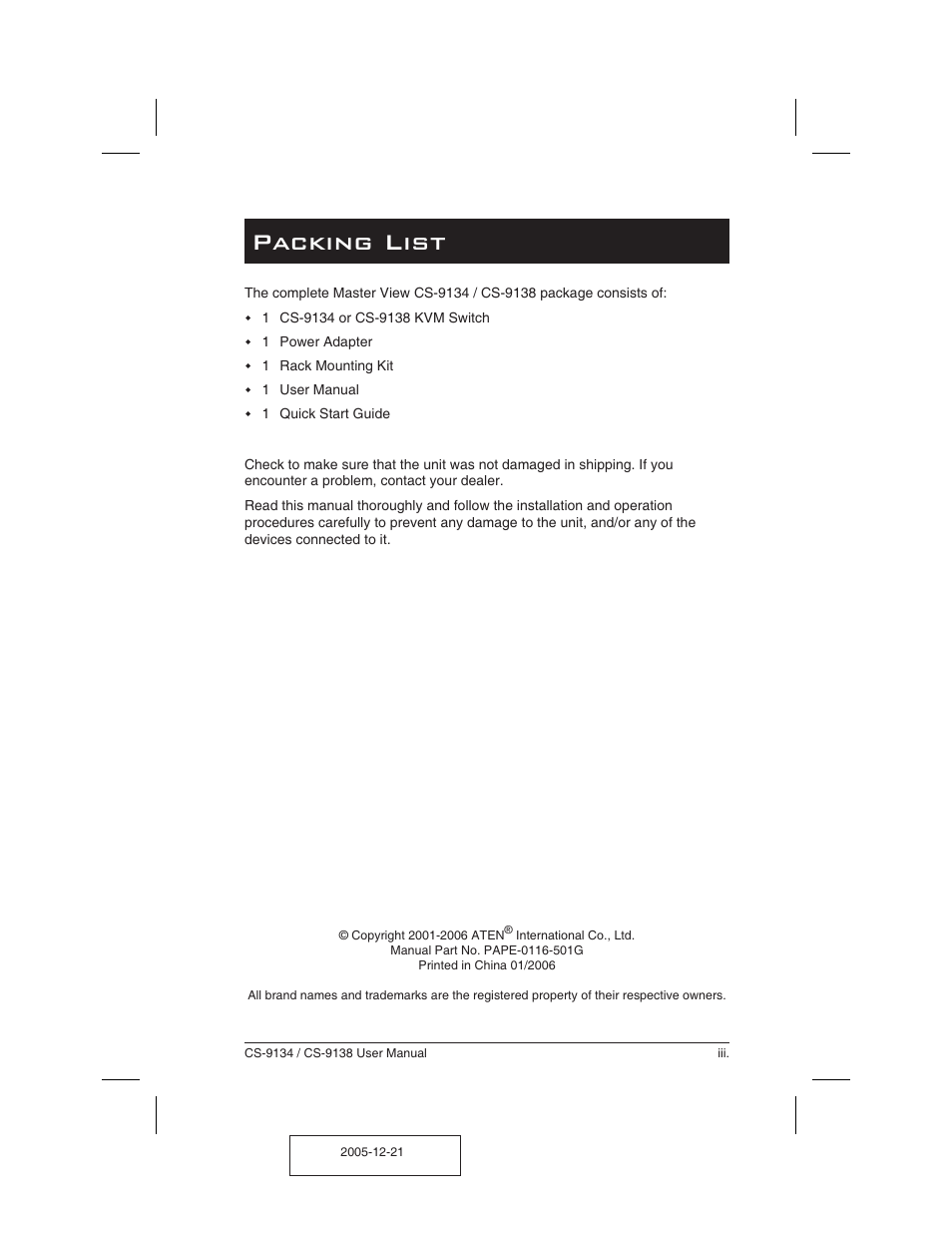 Packing list iii, Packing list | ATEN CS-9134 User Manual | Page 3 / 34