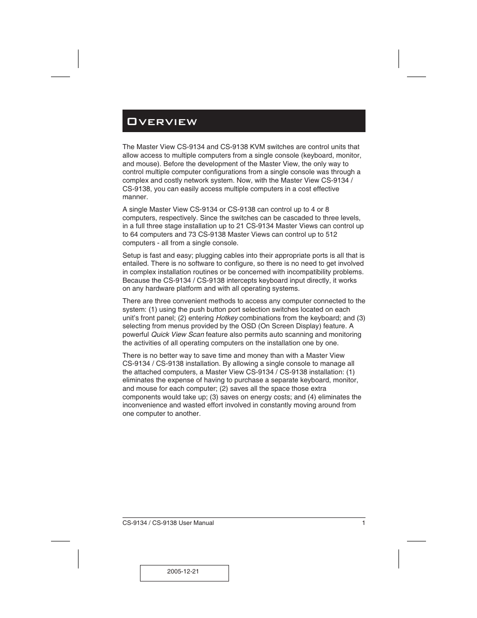 Over view 1, Overview | ATEN CS-9134 User Manual | Page 5 / 34