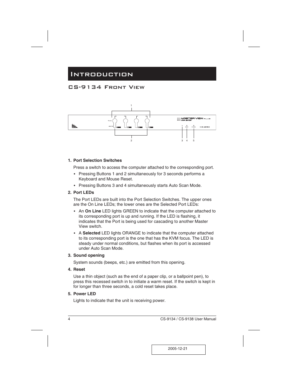 In tro duc tion 4, Cs-9134 front view 4, Introduction | Cs-9134 front view | ATEN CS-9134 User Manual | Page 8 / 34