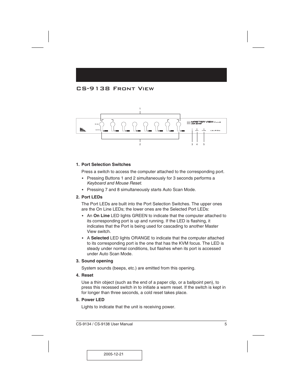 Cs-9138 front view 5, Cs-9138 front view | ATEN CS-9134 User Manual | Page 9 / 34