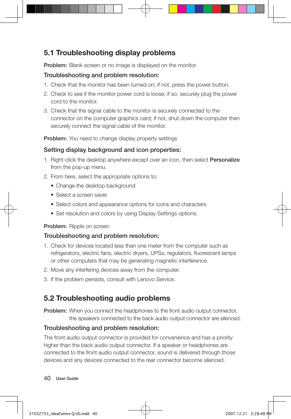 1 troubleshooting display problems, 2 troubleshooting audio problems | Lenovo IdeaCentre Q200 User Manual | Page 45 / 49