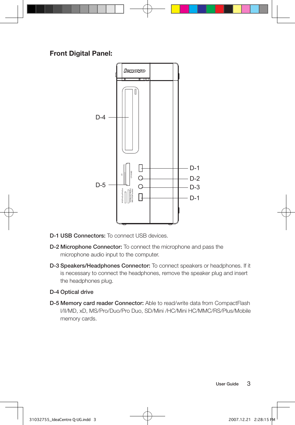 Front digital panel, User guide | Lenovo IdeaCentre Q200 User Manual | Page 8 / 49