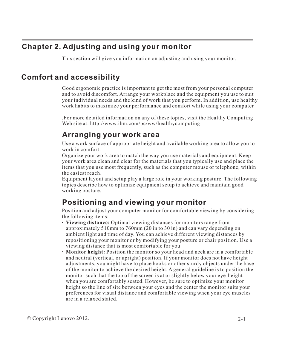 Chapter 2. adjusting and using your monitor -1, Comfort and accessibility -1, Arranging your work area -1 | Chapter 2. adjusting and using your monitor, Comfort and accessibility, Arranging your work area, Positioning and viewing your monitor | Lenovo ThinkVision LT2323z Wide User Manual | Page 14 / 42