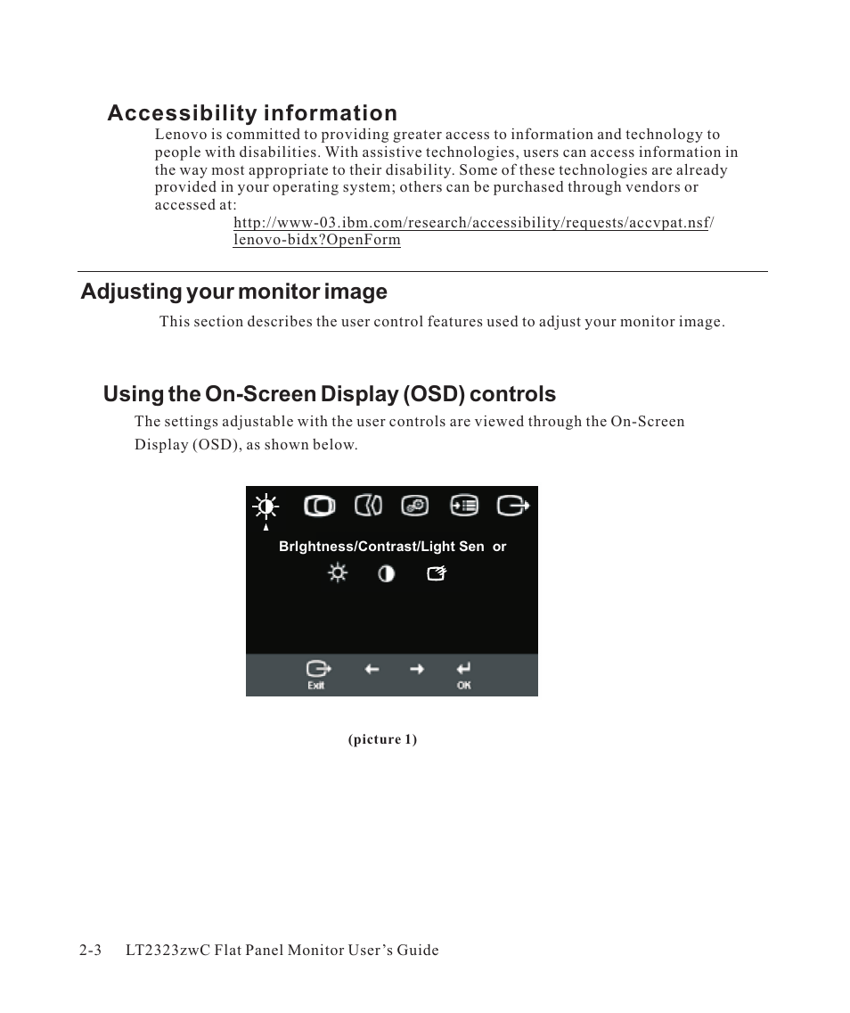 Accessibility information -3, Adjusting your monitor image -3, Using the on-screen display (osd) controls -3 | Accessibility information, Adjusting your monitor image, Using the on-screen display (osd) controls | Lenovo ThinkVision LT2323z Wide User Manual | Page 16 / 42
