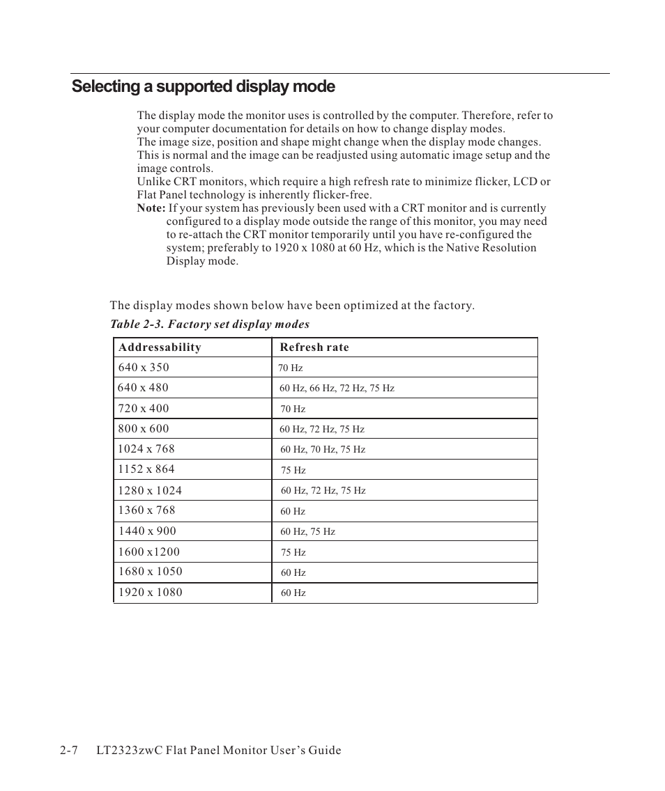 Selecting a supported display mode -7, Selecting a supported display mode | Lenovo ThinkVision LT2323z Wide User Manual | Page 20 / 42