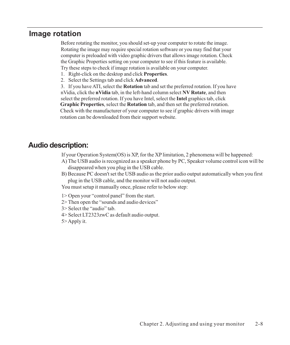 Image rotation, Audio description | Lenovo ThinkVision LT2323z Wide User Manual | Page 21 / 42
