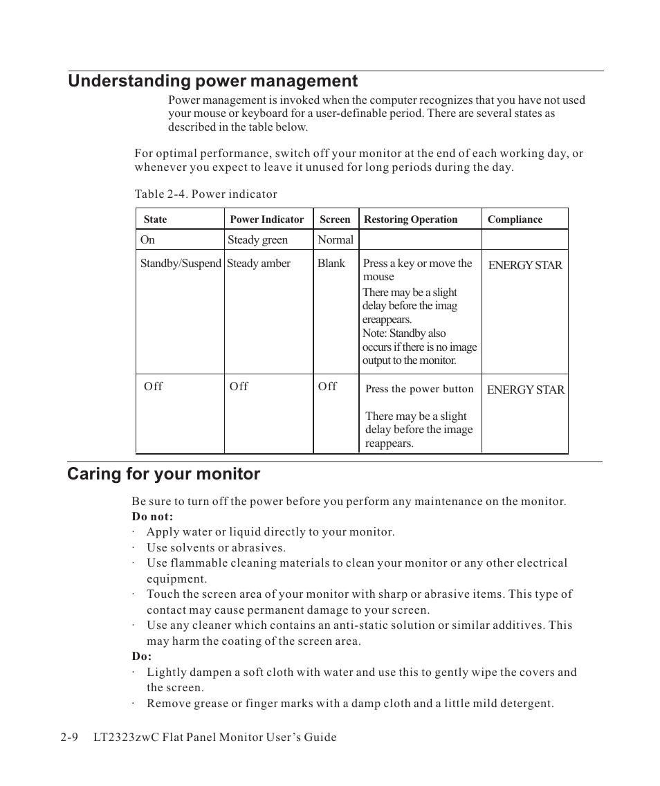 Understanding power management, Caring for your monitor -9, Caring for your monitor | Lenovo ThinkVision LT2323z Wide User Manual | Page 22 / 42