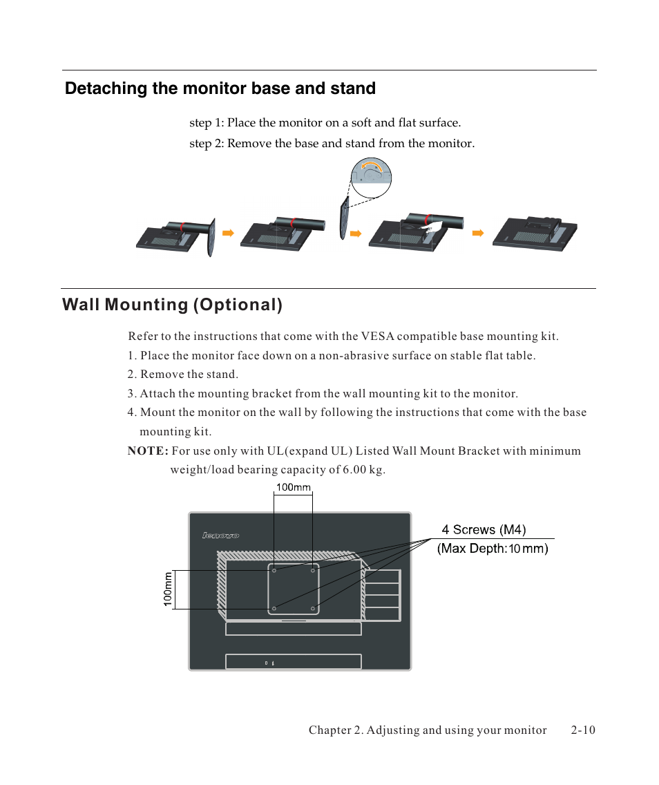 Detaching the monitor, Base and stand -10, Wall mounting (optional) -10 | Detaching the monitor base and stand, Wall mounting (optional) | Lenovo ThinkVision LT2323z Wide User Manual | Page 23 / 42