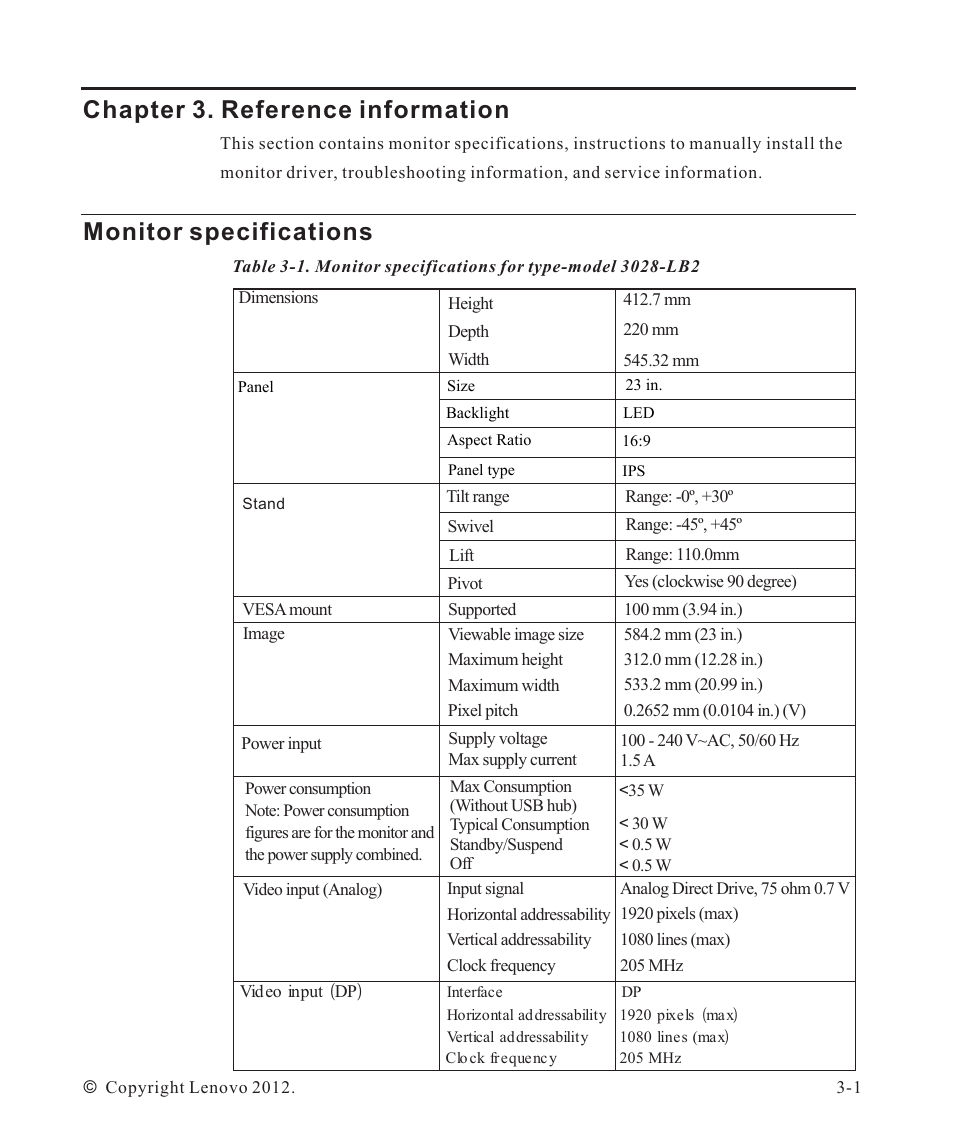 Chapter 3. reference information -1, Monitor specifications -1, Chapter 3. reference information | Monitor specifications | Lenovo ThinkVision LT2323z Wide User Manual | Page 24 / 42