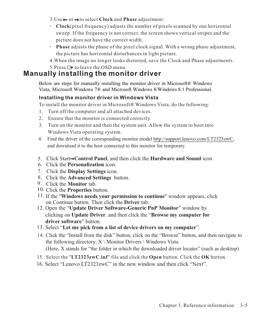Manually installing the monitor driver -5, Manually installing the monitor driver | Lenovo ThinkVision LT2323z Wide User Manual | Page 28 / 42
