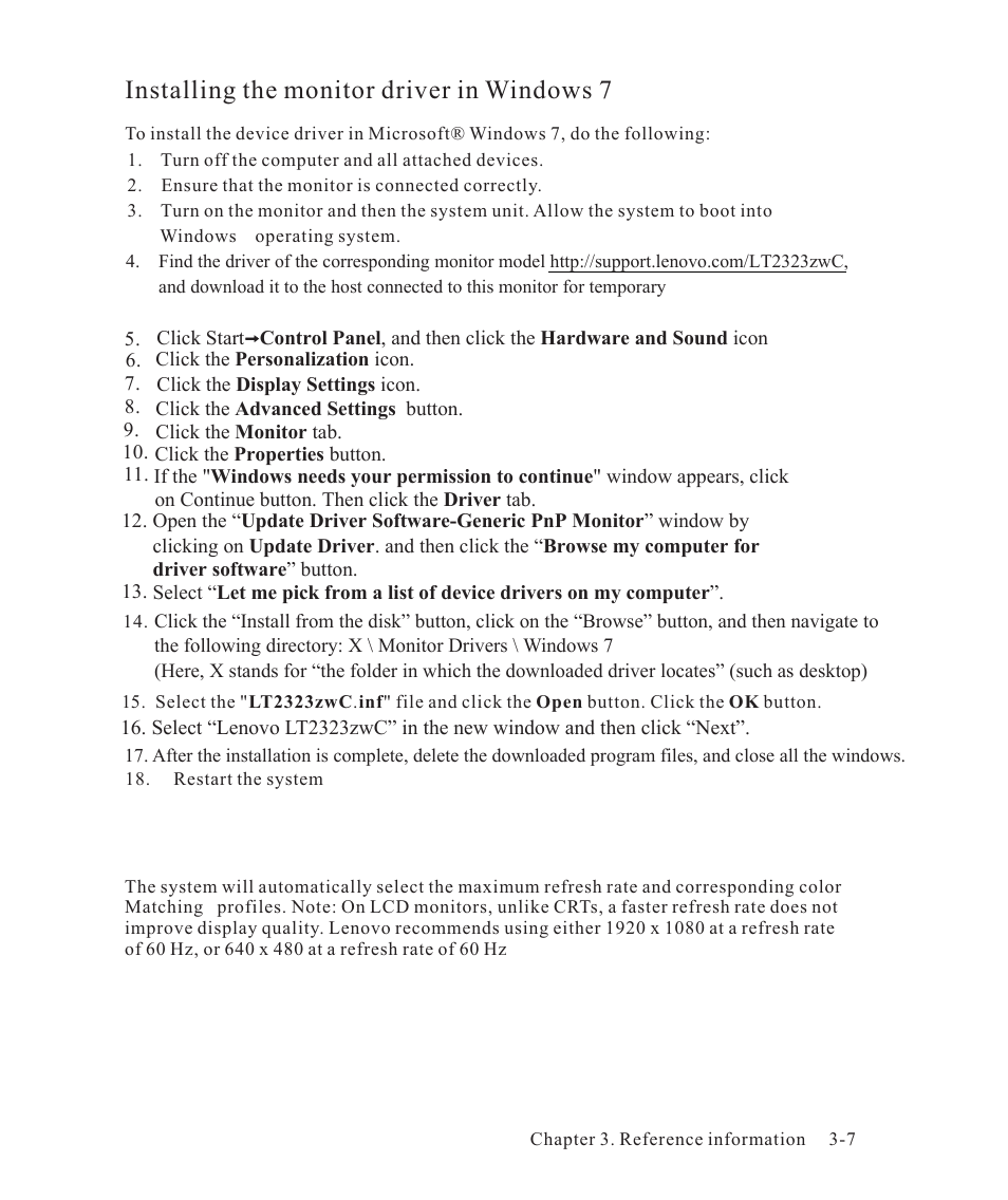 Installing the monitor driver in windows 7 | Lenovo ThinkVision LT2323z Wide User Manual | Page 30 / 42