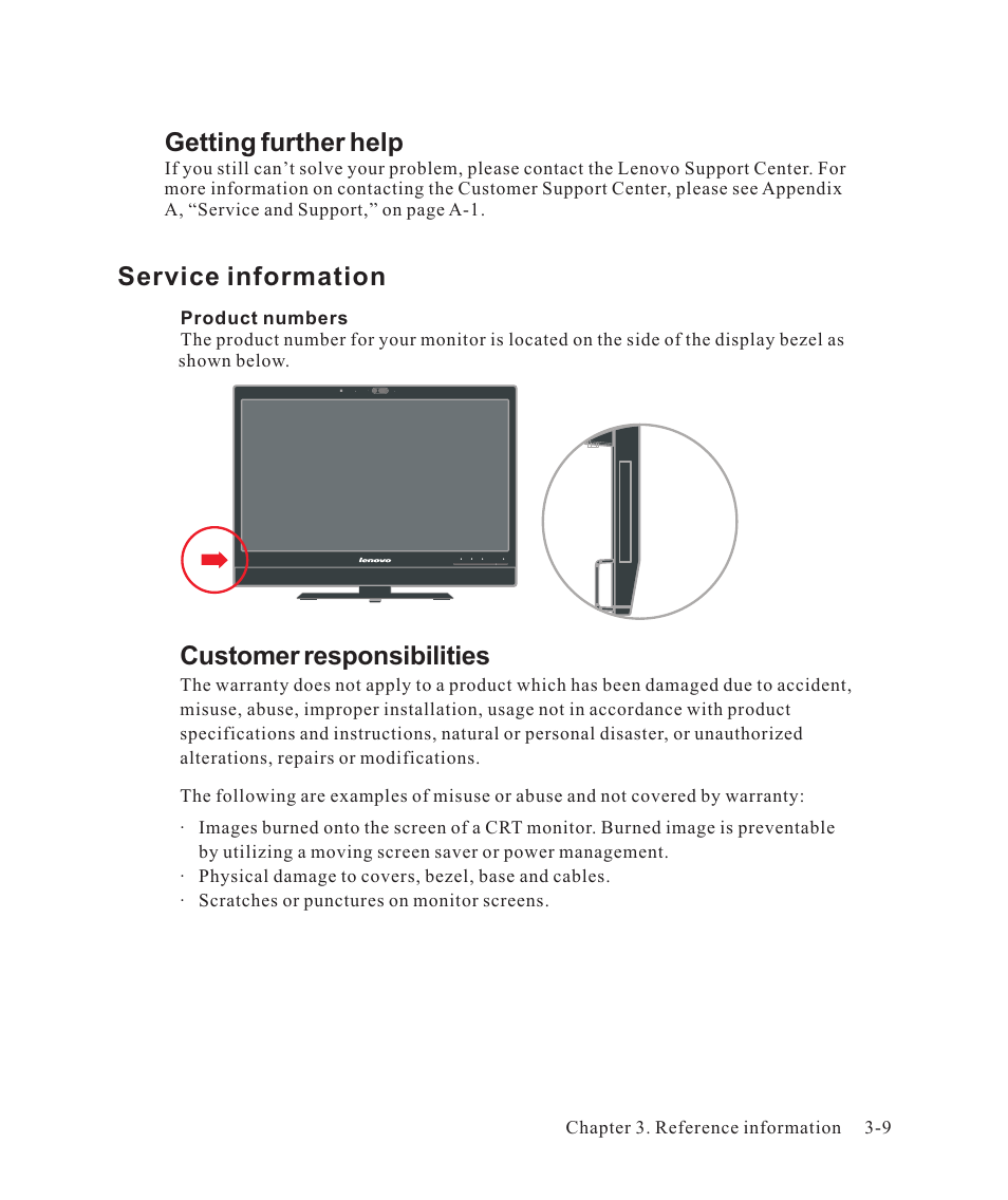 Getting further help, Service information, Customer responsibilities | Lenovo ThinkVision LT2323z Wide User Manual | Page 32 / 42