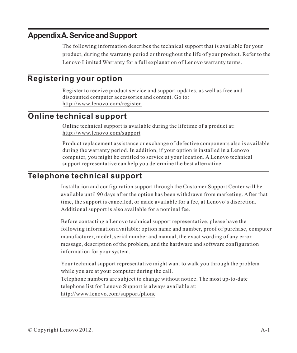 Appendix a. service and support, Registering your option, Online technical support | Telephone technical support | Lenovo ThinkVision LT2323z Wide User Manual | Page 34 / 42
