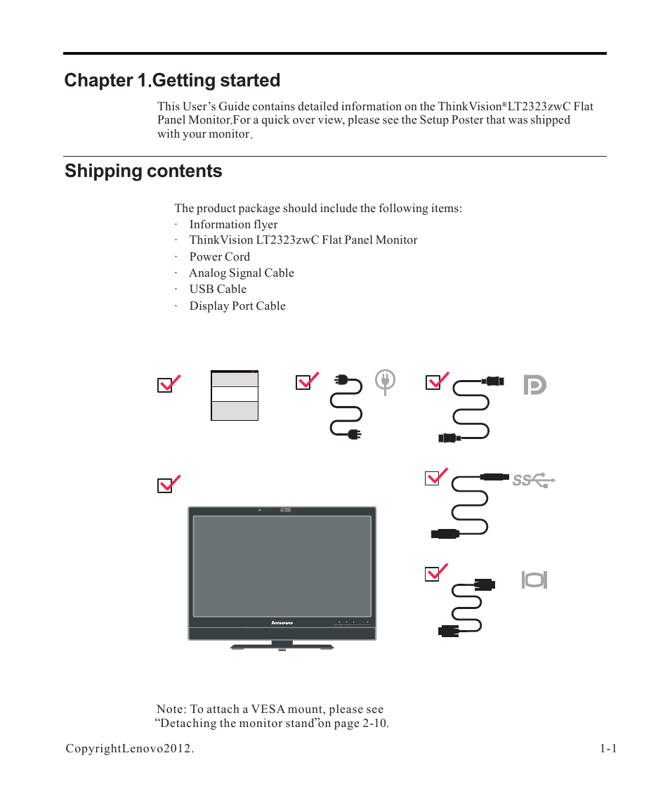 Chapter 1. getting started -1, Shipping contents -1, Chapter 1 getting started | Shipping contents | Lenovo ThinkVision LT2323z Wide User Manual | Page 5 / 42