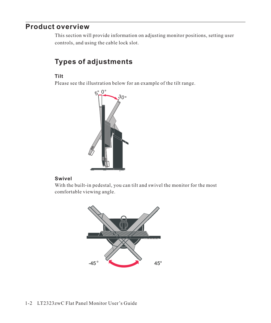 Product overview -2, Types of adjustments, Product overview | Lenovo ThinkVision LT2323z Wide User Manual | Page 6 / 42
