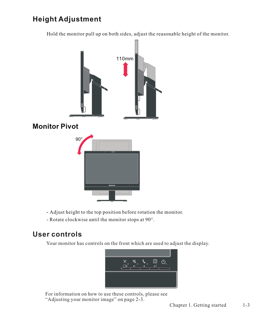 User controls, Height adjustment, Monitor pivot | Lenovo ThinkVision LT2323z Wide User Manual | Page 7 / 42