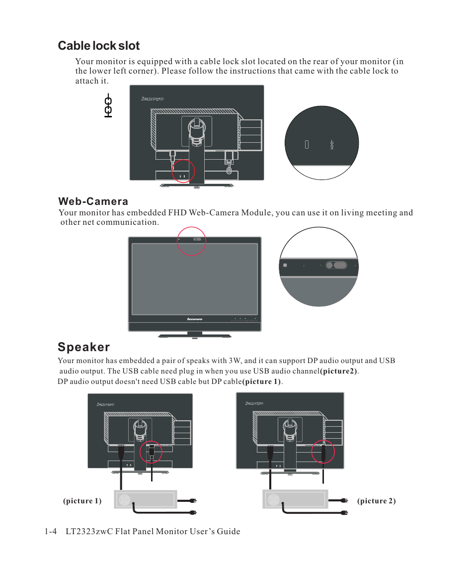 Cable lock slot -4, Cable lock slot, Speaker | Lenovo ThinkVision LT2323z Wide User Manual | Page 8 / 42