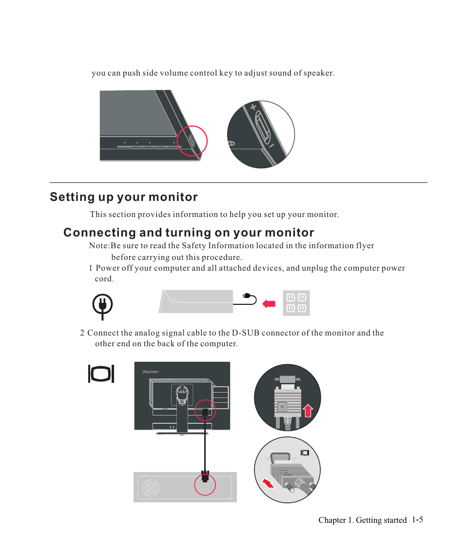 Setting up your monitor -5, Connecting and turning on your monitor -5, Setting up your monitor | Connecting and turning on your monitor | Lenovo ThinkVision LT2323z Wide User Manual | Page 9 / 42