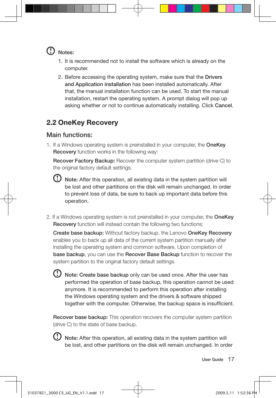 2 onekey recovery, Main functions | Lenovo 3000 C305 All-In-One User Manual | Page 22 / 41