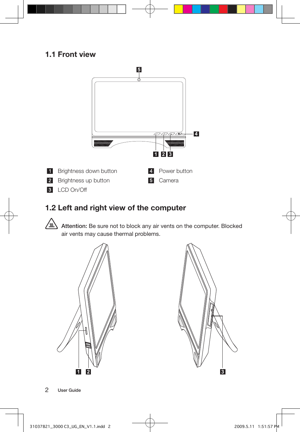 1 front view, 2 left and right view of the computer | Lenovo 3000 C305 All-In-One User Manual | Page 7 / 41