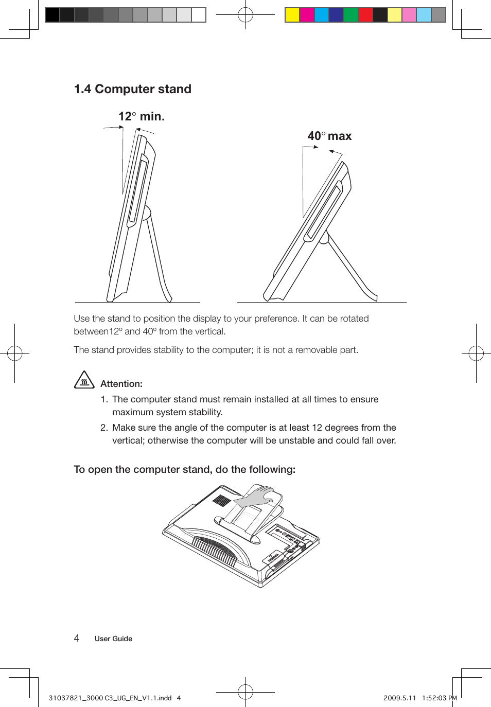 4 computer stand, 40 ° max 12 ° min | Lenovo 3000 C305 All-In-One User Manual | Page 9 / 41