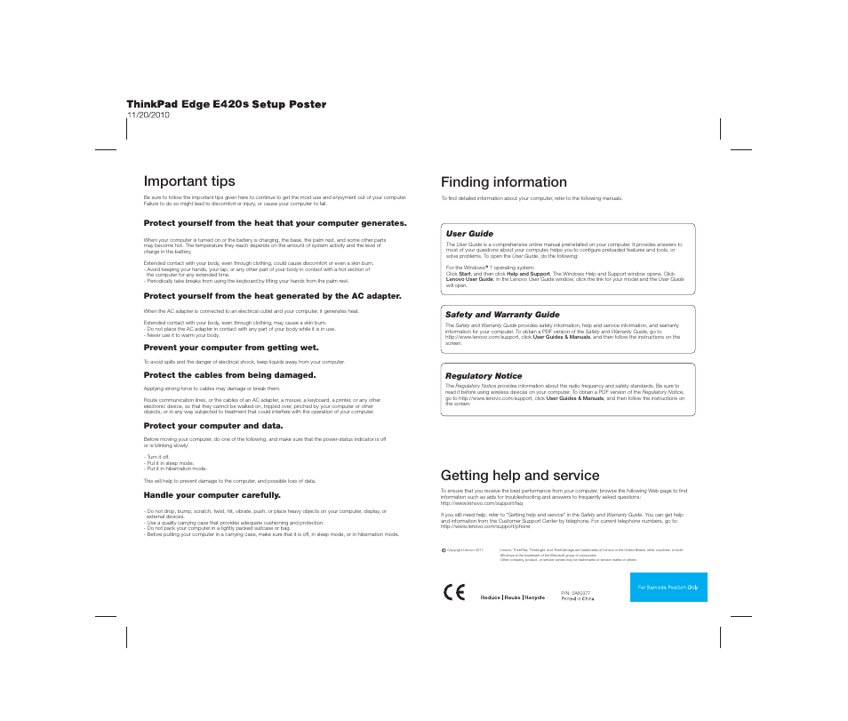 Important tips, Finding information, Getting help and service | Lenovo ThinkPad Edge E420s User Manual | Page 2 / 2