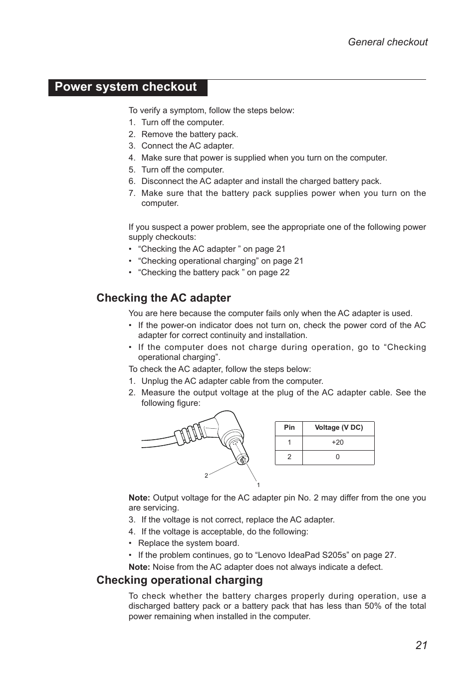 Power system checkout, Checking the ac adapter, Checking operational charging | Lenovo IdeaPad S205s User Manual | Page 25 / 79