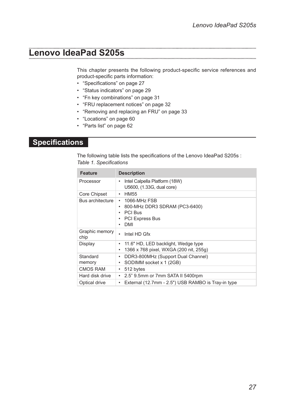 Lenovo ideapad s205s, Specifications | Lenovo IdeaPad S205s User Manual | Page 31 / 79