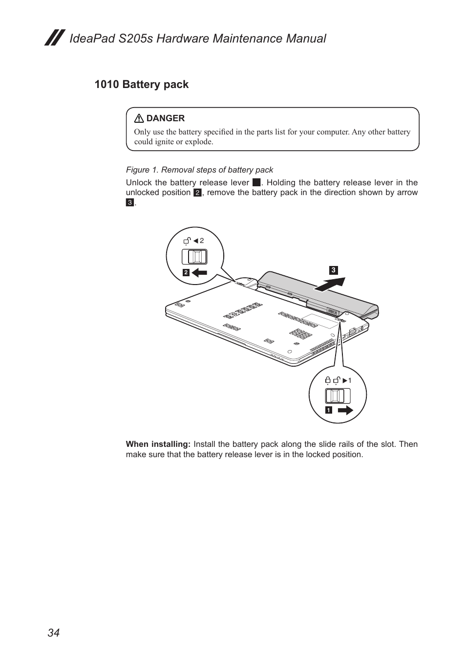 1010 battery pack, Ideapad s205s hardware maintenance manual | Lenovo IdeaPad S205s User Manual | Page 38 / 79