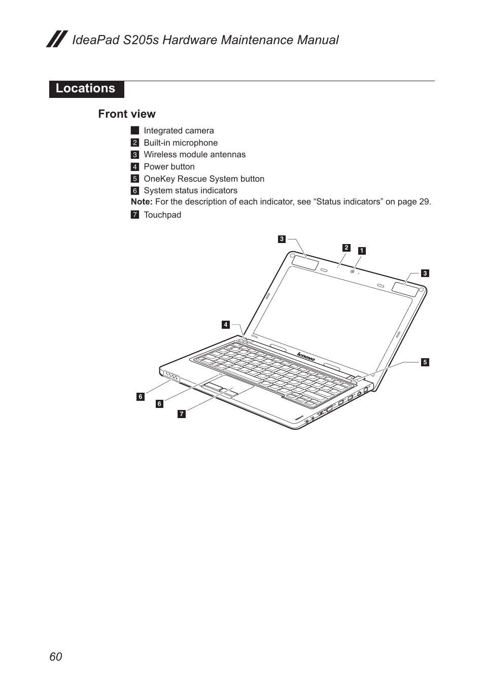 Locations, Front view | Lenovo IdeaPad S205s User Manual | Page 64 / 79