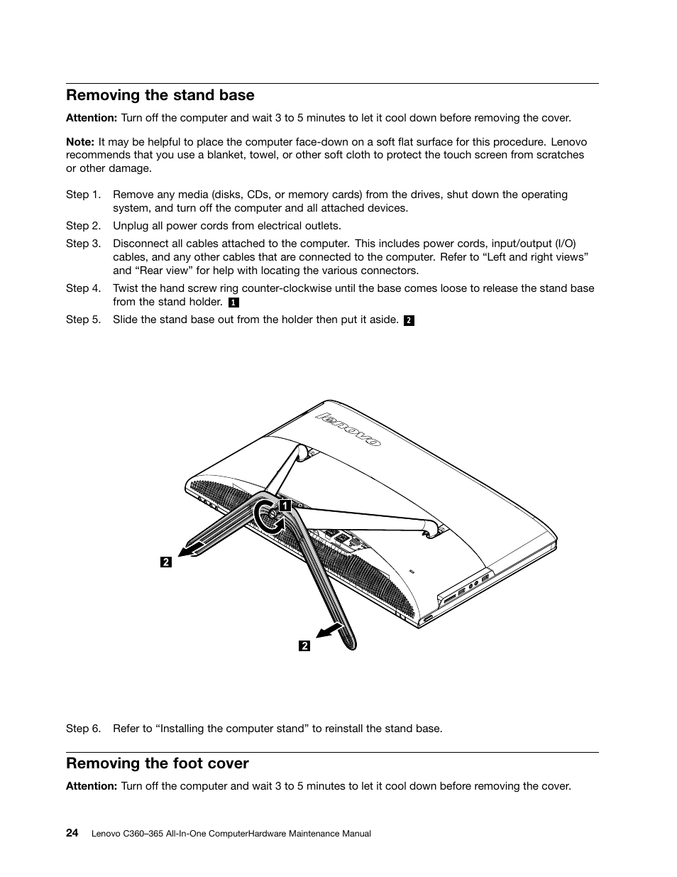 Removing the stand base, Removing the foot cover | Lenovo C365 All-in-One User Manual | Page 30 / 61