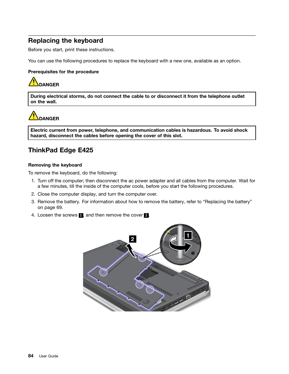 Replacing the keyboard, Thinkpad edge e425 | Lenovo ThinkPad Edge E525 User Manual | Page 102 / 168
