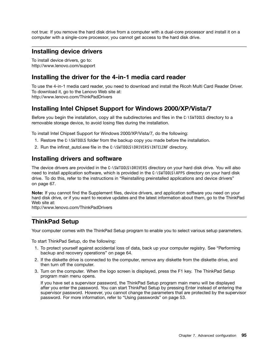 Installing device drivers, Installing drivers and software, Thinkpad setup | Lenovo ThinkPad Edge E525 User Manual | Page 113 / 168