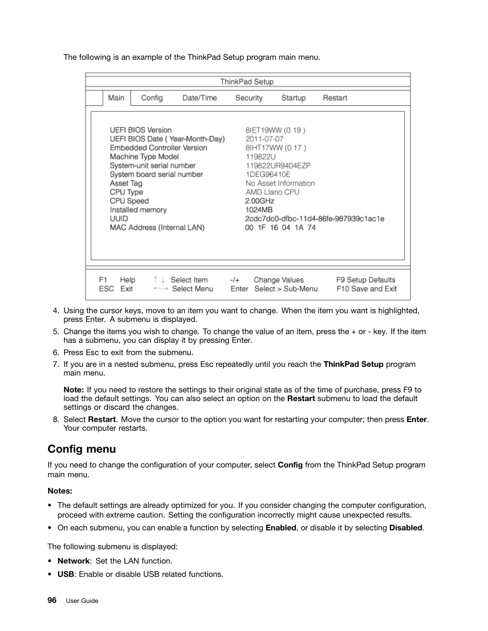 Config menu | Lenovo ThinkPad Edge E525 User Manual | Page 114 / 168