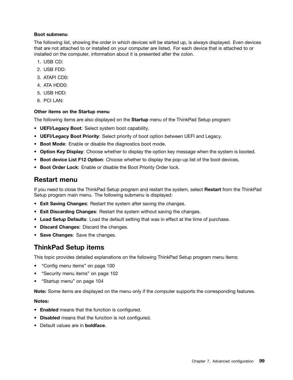 Restart menu, Thinkpad setup items | Lenovo ThinkPad Edge E525 User Manual | Page 117 / 168