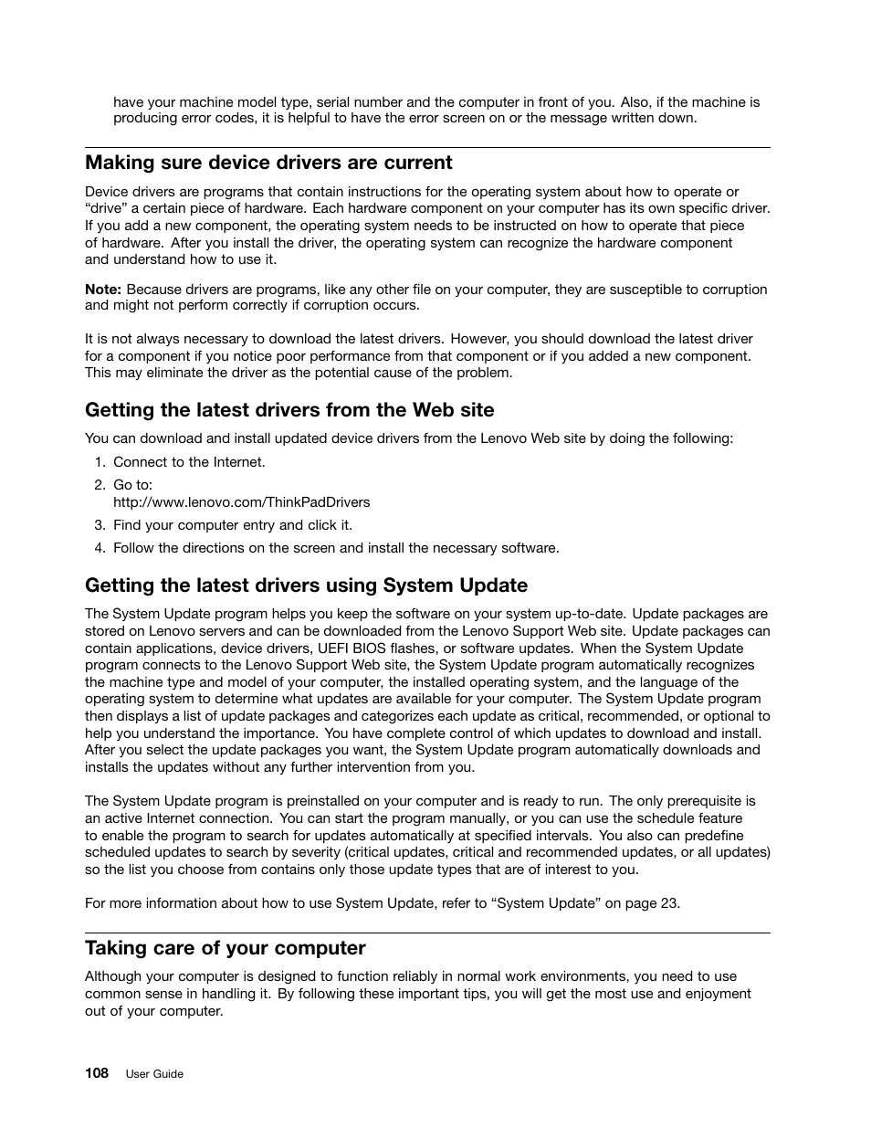 Making sure device drivers are current, Getting the latest drivers from the web site, Getting the latest drivers using system update | Taking care of your computer | Lenovo ThinkPad Edge E525 User Manual | Page 126 / 168