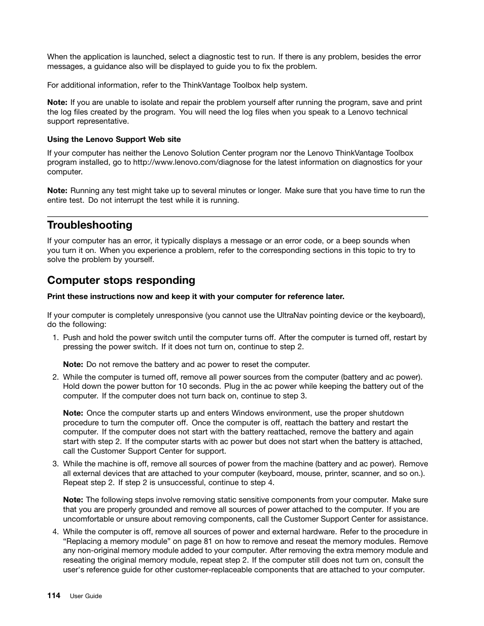 Troubleshooting, Computer stops responding | Lenovo ThinkPad Edge E525 User Manual | Page 132 / 168
