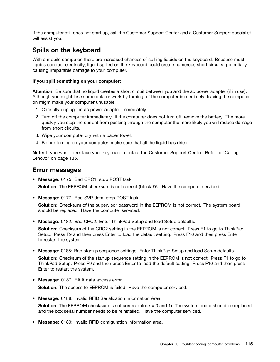 Spills on the keyboard, Error messages | Lenovo ThinkPad Edge E525 User Manual | Page 133 / 168