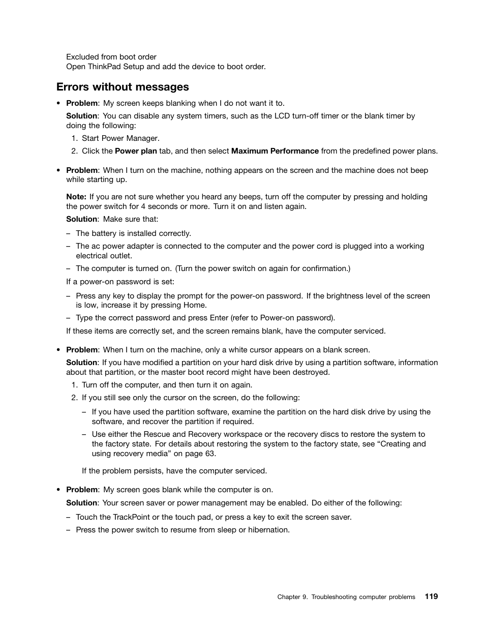 Errors without messages | Lenovo ThinkPad Edge E525 User Manual | Page 137 / 168