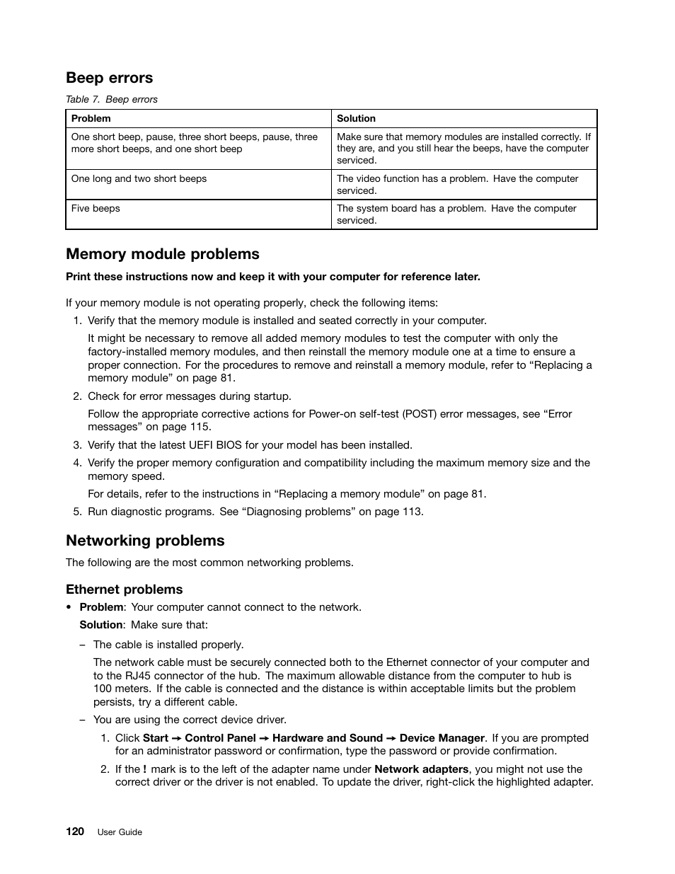 Beep errors, Memory module problems, Networking problems | Lenovo ThinkPad Edge E525 User Manual | Page 138 / 168