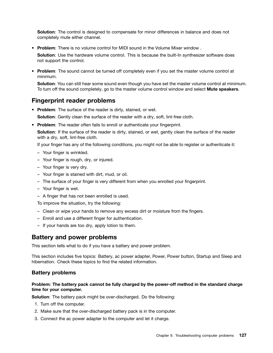 Fingerprint reader problems, Battery and power problems | Lenovo ThinkPad Edge E525 User Manual | Page 145 / 168